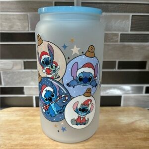 Stitch Christmas glass Cup, with blue plastic lid